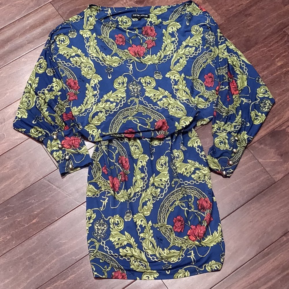 Tata Jolie Flowers and Leaves Dress Blue SIZE MEDIUM